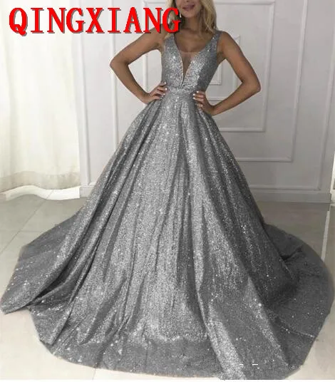 Блестящие золотистые розовые платья для выпускного вечера с V-образным вырезом