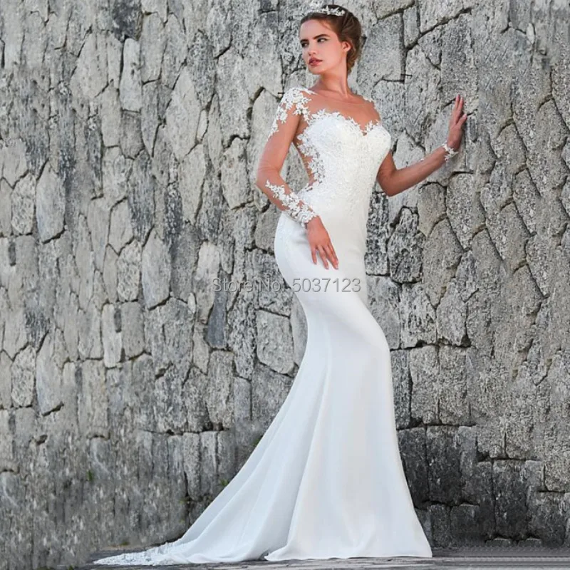 

2021 Long Sleeve Mermaid Wedding Dresses Appliques Lace Sheer Scoop Neckline Floor Length Bridal Wedding Gowns Vestidos De Noiva