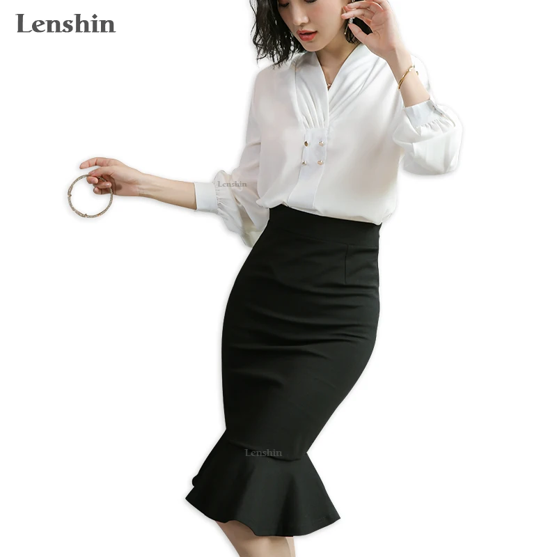 Lenshin Mid-Calf Length Black Empire Casual Trumpet Mermaid Skirt for Girls