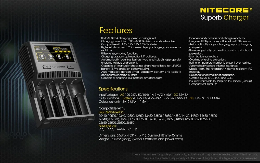 NITECORE SC2 SC4 Батарея Зарядное устройство для батарей Li-Ion(литий-ионных батарей IMR LiFePO4 металл-гидридных или никель NI-CD 18650 17650 17670 16340 14500 батареи Батарея