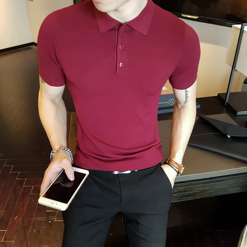 Мужская облегающая трикотажная рубашка поло с коротким рукавом и отложным
