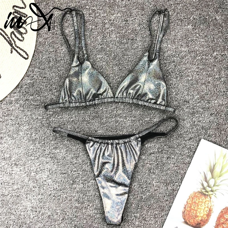 Женский купальник бикини с треугольным вырезом In X серебристый высокой посадкой