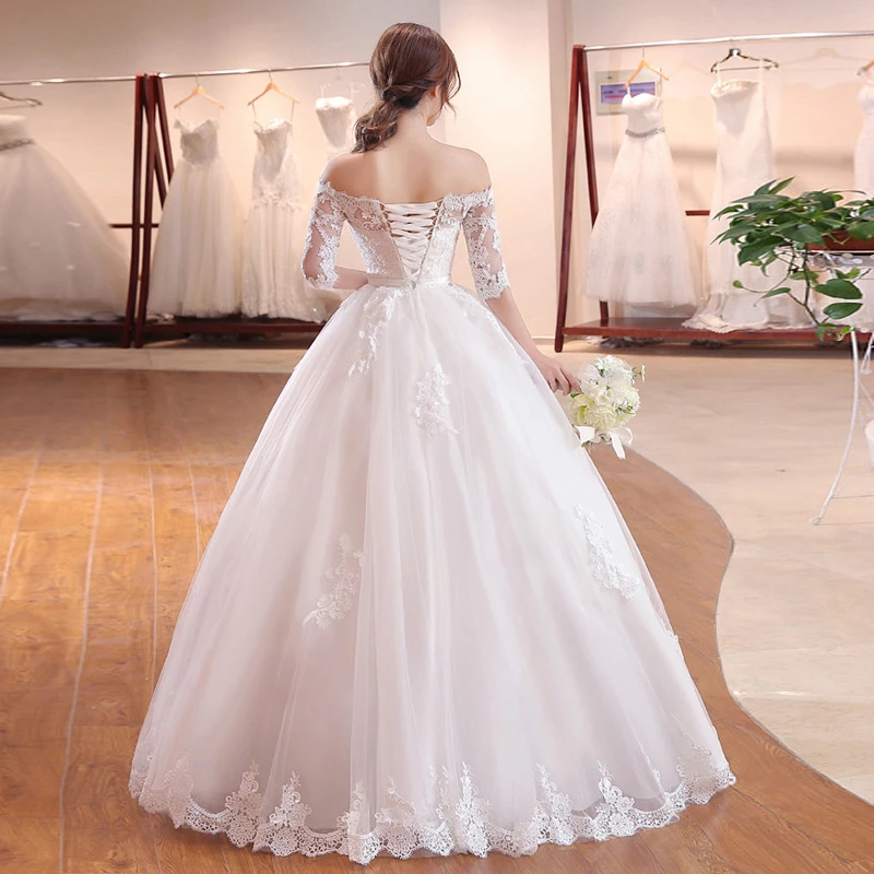 Женское свадебное платье с вырезом лодочкой кружевное полурукавами и бусинами