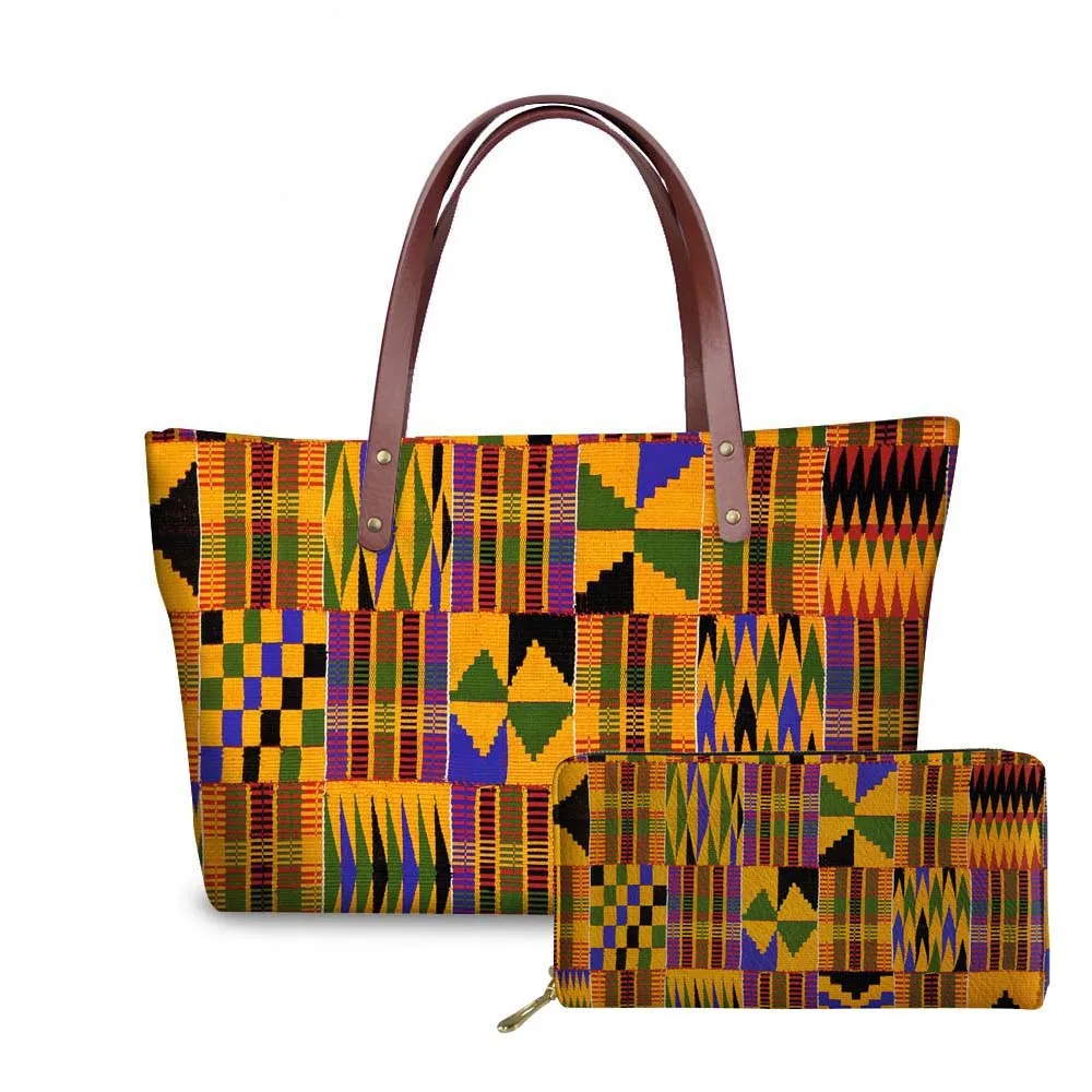 

NOISYDESIGNS 2pcs/set Women Handbags&Wallet Ladies African Traditional Printing Top-Handle Bags for Females Shoulder Tote Bag