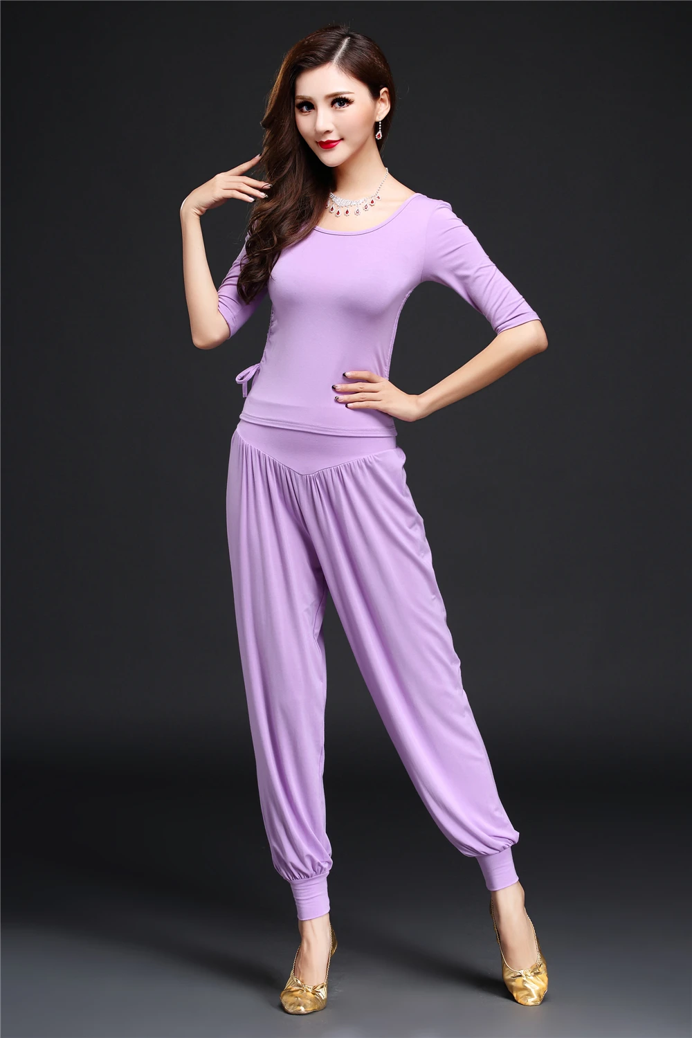 Light Purple 2PCS Танец живота: футболка, штаны, пояс Luxuy 2/3 предмета в комплекте для Для женщин бальных танцев блузка Египет/Gypsy/индийская одежда цветение штаны с резинкой на талии цепи - Цвет: Light Purple 2PCS