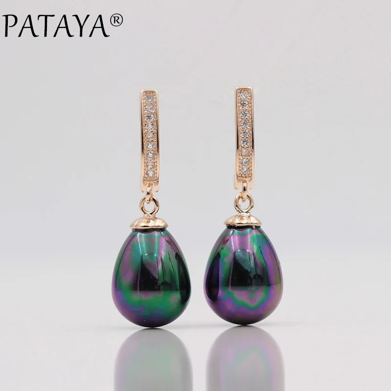 PATAYA, новинка 585, розовое золото, для женщин, Свадебная вечеринка, ювелирные изделия, искусственная раковина, овальный жемчуг, многоцветные, длинные, белые, натуральный циркон, свисающие серьги