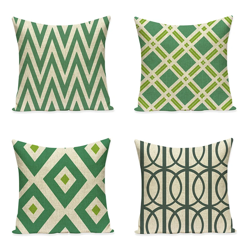 Льняные Чехлы для подушек с зеленым геометрическим узором хлопковая Подушка