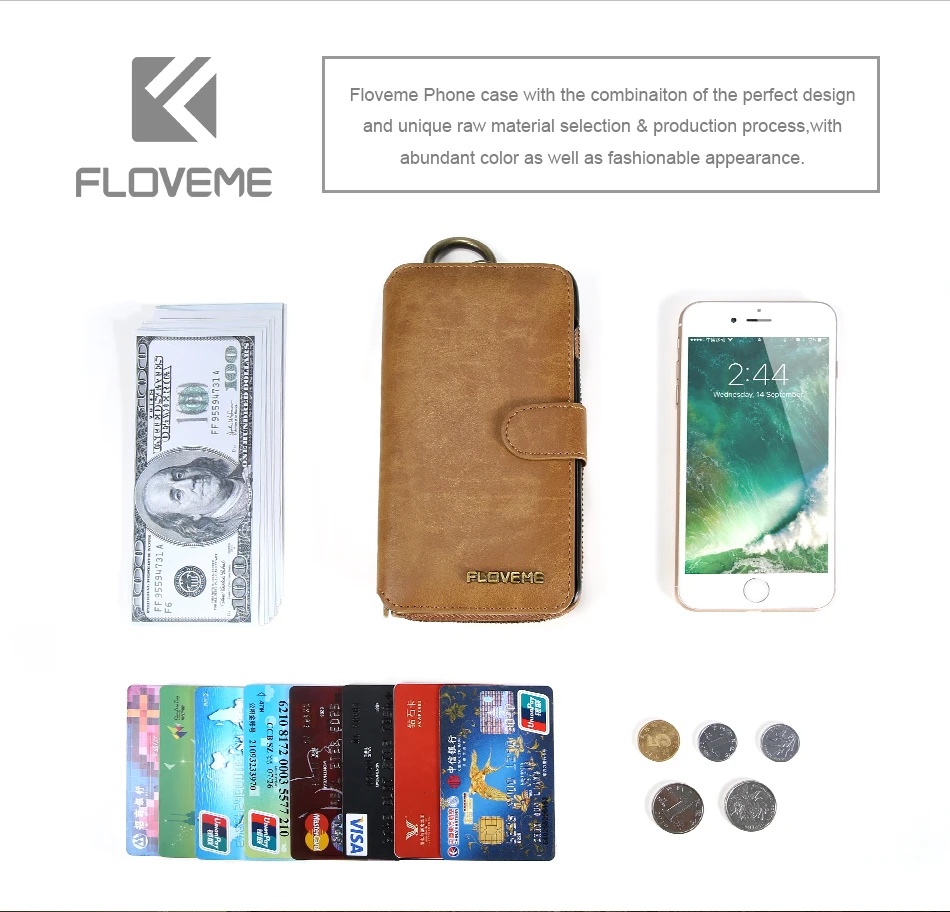 FLOVEME кожаный чехол-кошелек для телефона для iPhone X 7 8 plus, чехол для визитных карточек, подставка для мобильного телефона, чехол для телефона для iPhone 6 6s plus