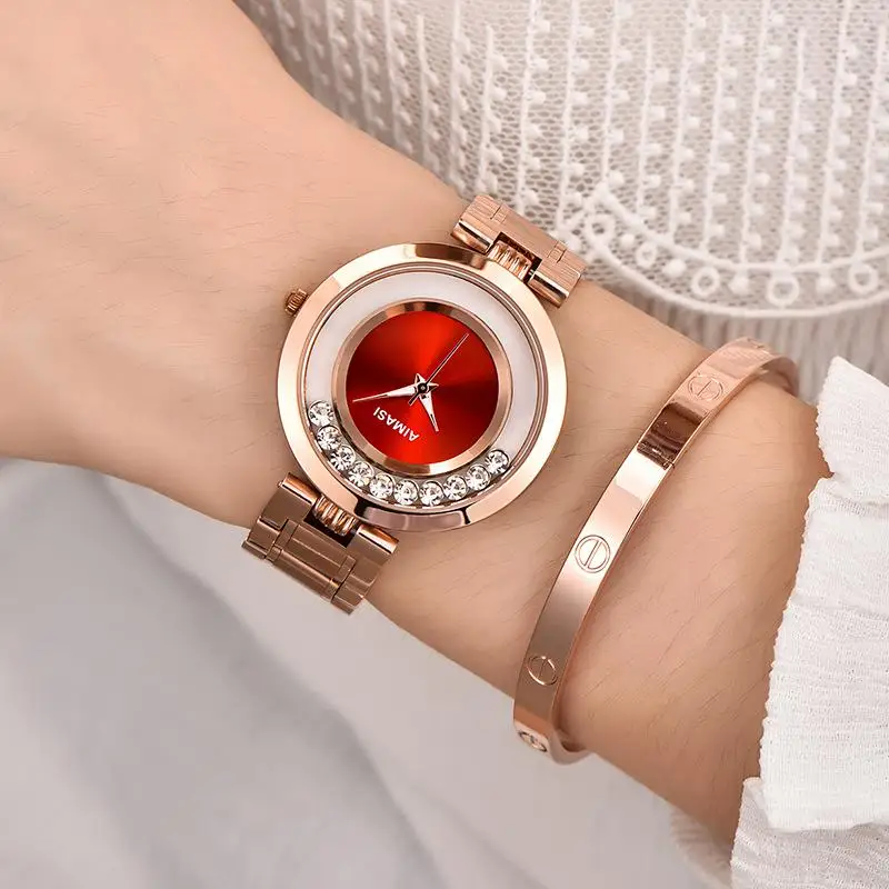 As Picture Red New Aimasi Brand Women's Watches Ladies Fashion Luxury Rose Gold Stainless Steel Ball Crystal Women Rhinestone Clocks Saat - Цвет: As Picture Red