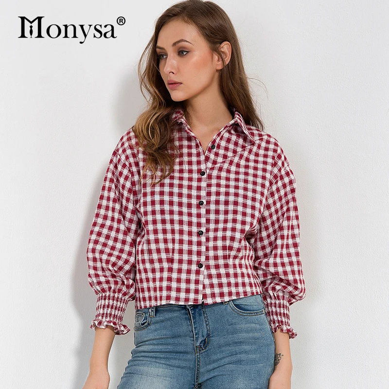 Уличная рубашки в клетку Для женщин осень 2017 г. Новые поступления Фонари рукавом