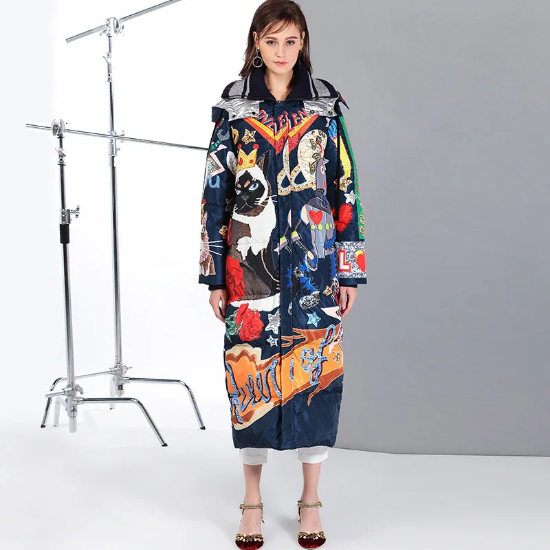 Women Winter Long Thick Duck Down Jacket and Coat Femme Cartoon Cat Print Harajuku Feather Puffer Jacket Down Parka 505