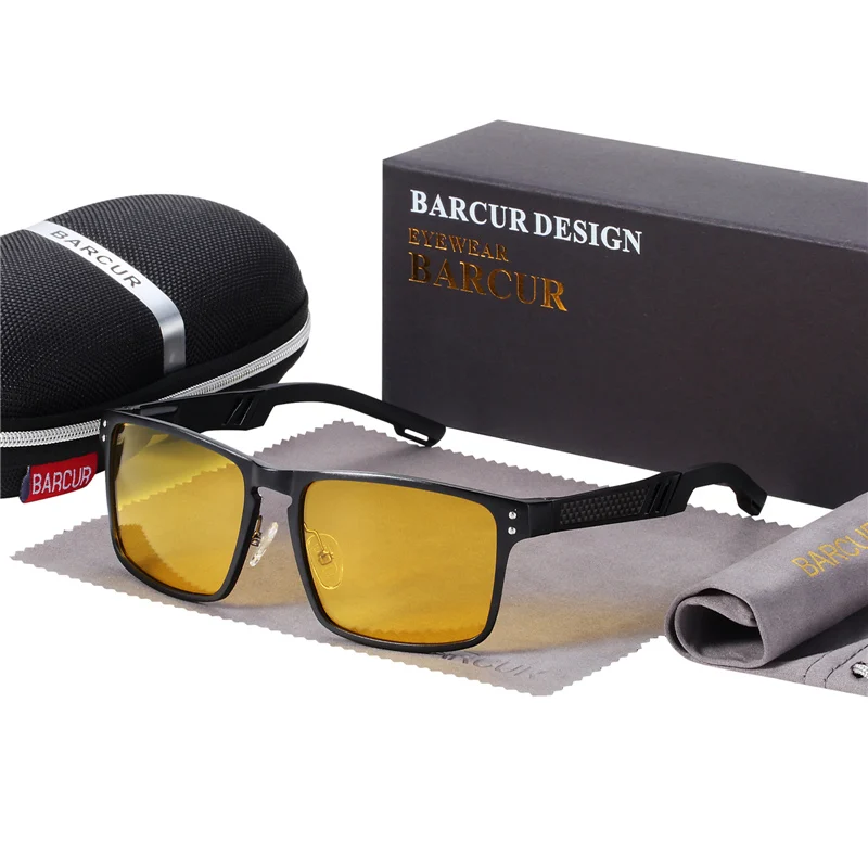 Black Night Vision BARCUR трендовая стильная алюминиевая магниевое стекло квадратные мужские солнцезащитные очки поляризованные солнцезащитные очки для мужчин спортивные очки Oculos de sol - Цвет линз: Black Night Vision