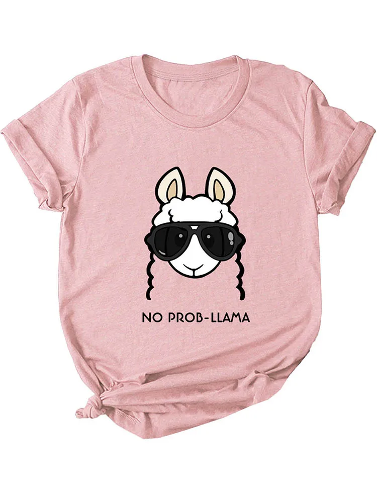 Розовый Летняя женская футболка без Prob Llama, футболка с рисунком головы, короткий рукав, хлопок, повседневные топы для девушек, футболки размера плюс 5XL - Цвет: Розовый