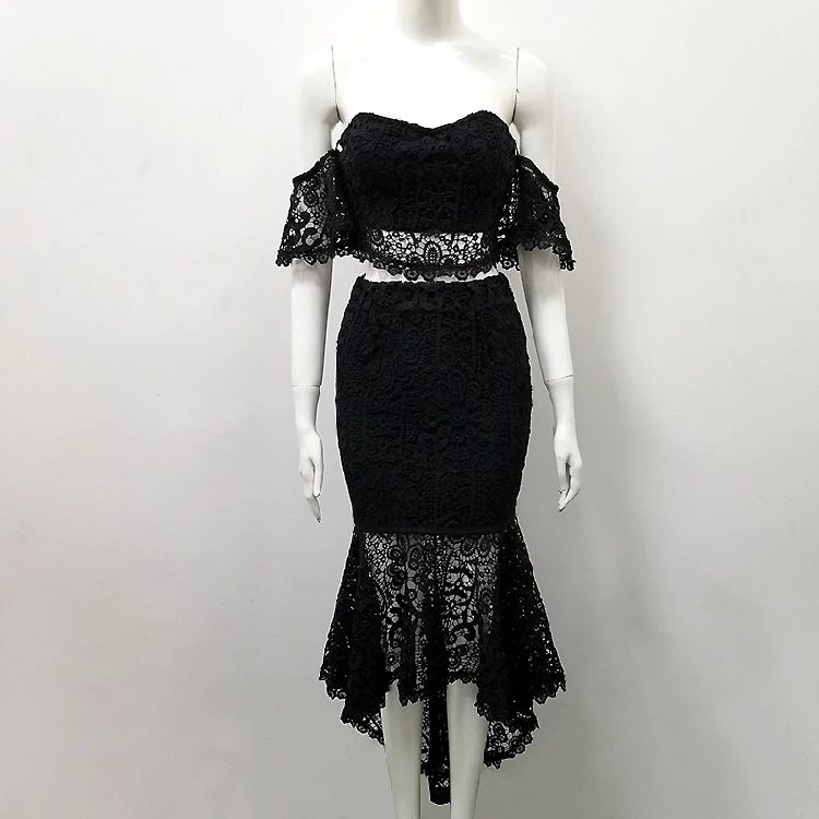 Женское облегающее платье с открытыми плечами элегантное черное кружевное