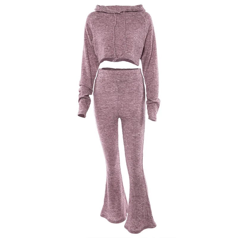 2018 Women Two Piece Outfits Fashion Short Hooded And Wide Leg Pant Tracksuit Knitting Winter Set | Женская одежда