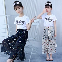 summer 2019 toddler girl clothes top t shirt flower chiffon pants 2pcs clothes set for teenage girls 6 8 10 12 14 years old