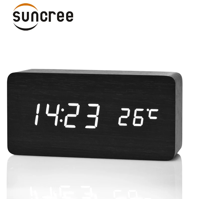 Suncree деревянный светодиодный Будильник Дисплей дата+ время+ Цельсия/Фаренгейт функция контроля звука настольные часы