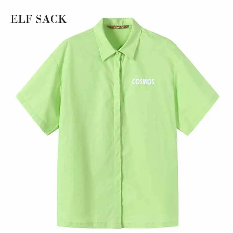 Женская короткая хлопковая рубашка ELFSACK однотонная Повседневная в Корейском