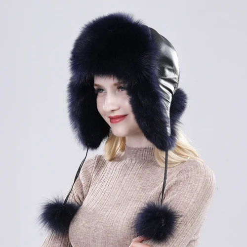 Горячая Распродажа зимняя женская шапка из натурального Лисьего меха натуральная мягкая шапка из меха лисы Новая женская модная повседневная теплая шапка из натуральной кожи s - Цвет: dark blue