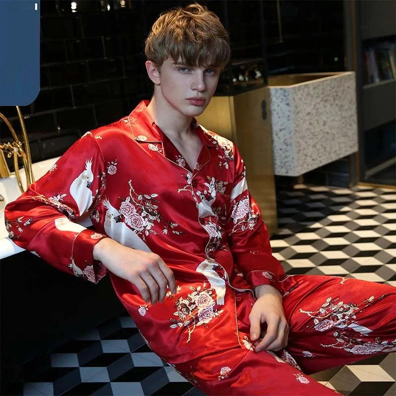 Smmoloa высокое качество пара шелковые пижамы Мужская пижама Свадебная с длинным