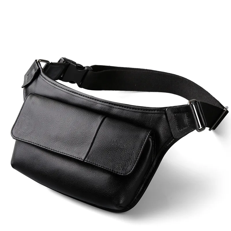 

2018 New Genuine Leather Waist Packs Men Waist Bag Leather Fanny Packs Large Belt Bag Money Belt Bum Bag Pochete Hip Bag Black