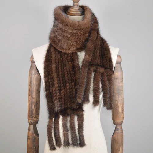 New Long Style Women Real Mink Fur Scarf Genuine Real Mink Fur Ring Scarfs Warm Soft Quality Knitted Real Mink Fur Shawl Scarves - Цвет: coffee
