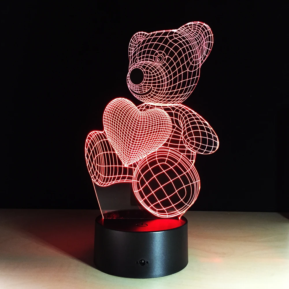 Мультфильм милый Сердце Медведь Форма светодиодный светильник 3D ребенка ночник Дети Спящая освещение 7 цветов Change настольная настольный USB Свет