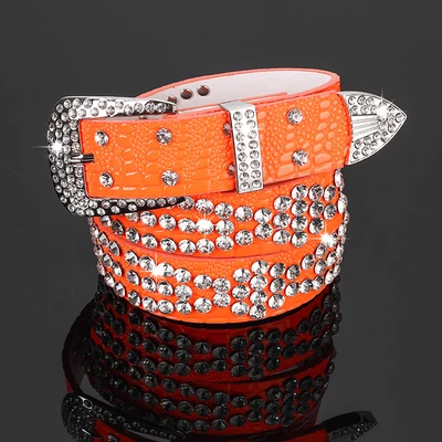 Orange 18 PU Женские дизайнерские роскошные стразы, широкие ремни, однотонный ремень из воловьей кожи для женщин, модный Леопардовый яркий ремень с кристаллами для джинсов - Цвет: Orange 18 PU