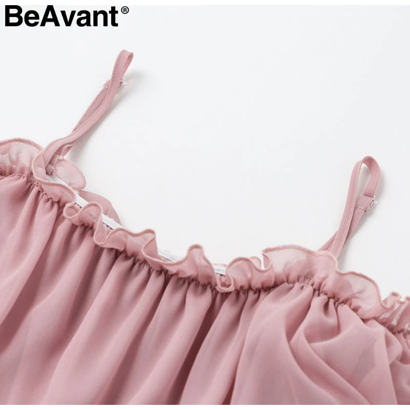BeAvant шифоновые летние платья с открытыми плечами, женское Плиссированное короткое платье с рюшами, розовое элегантное праздничное свободное пляжное мини-платье