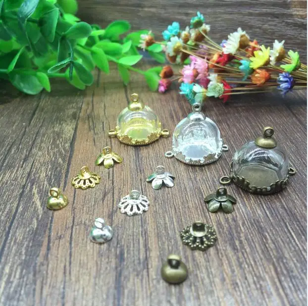 

20sets/lot 15mm half round glass dome setting metal base cap set glass vial pendant jewelry glass globe bottle necklace pendants