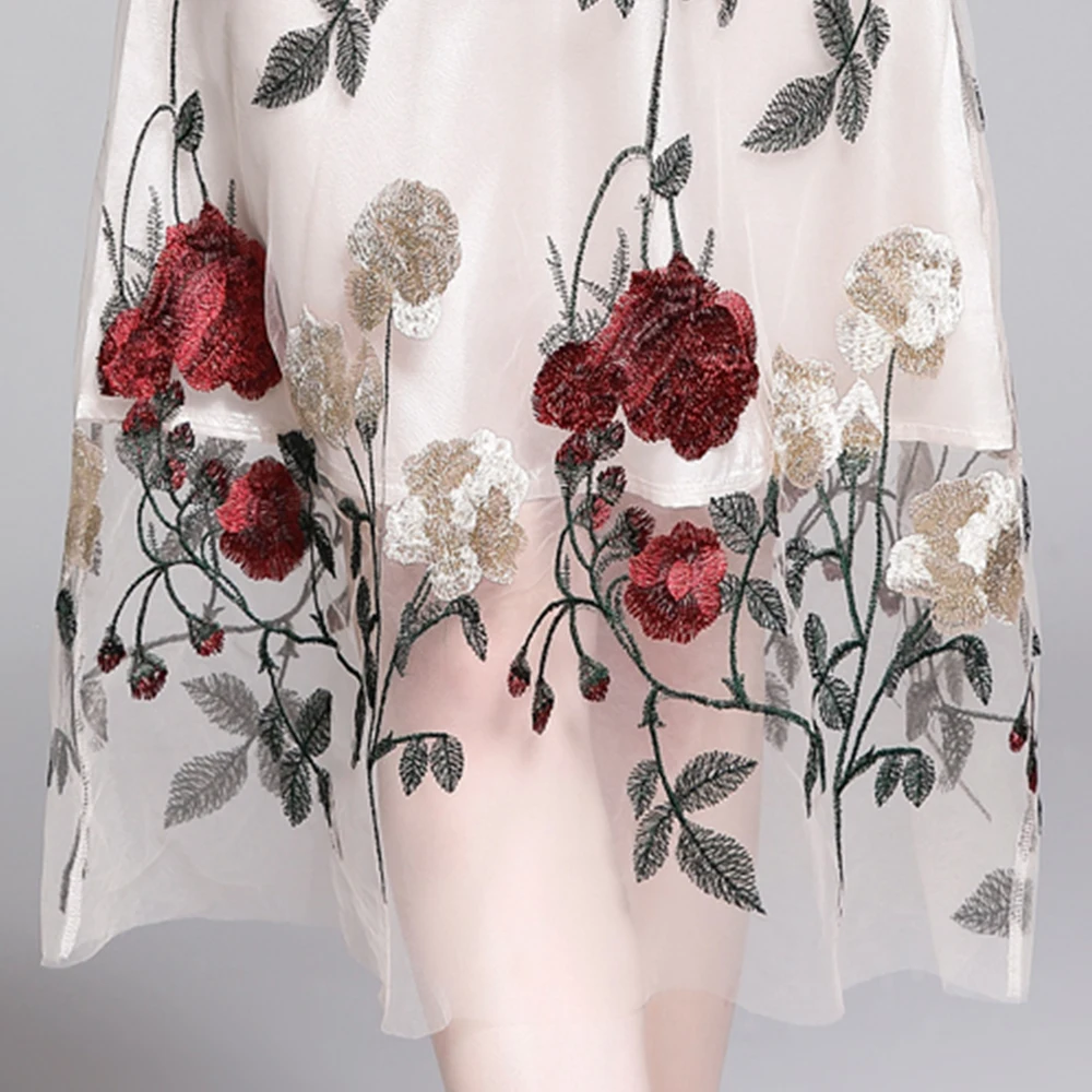 

Elegant Woman Embroidery Party Dress O-neck Short Sleeve A-line Mesh Dress Woman Female Slim Floral Sweet Midi Dresses Summer
