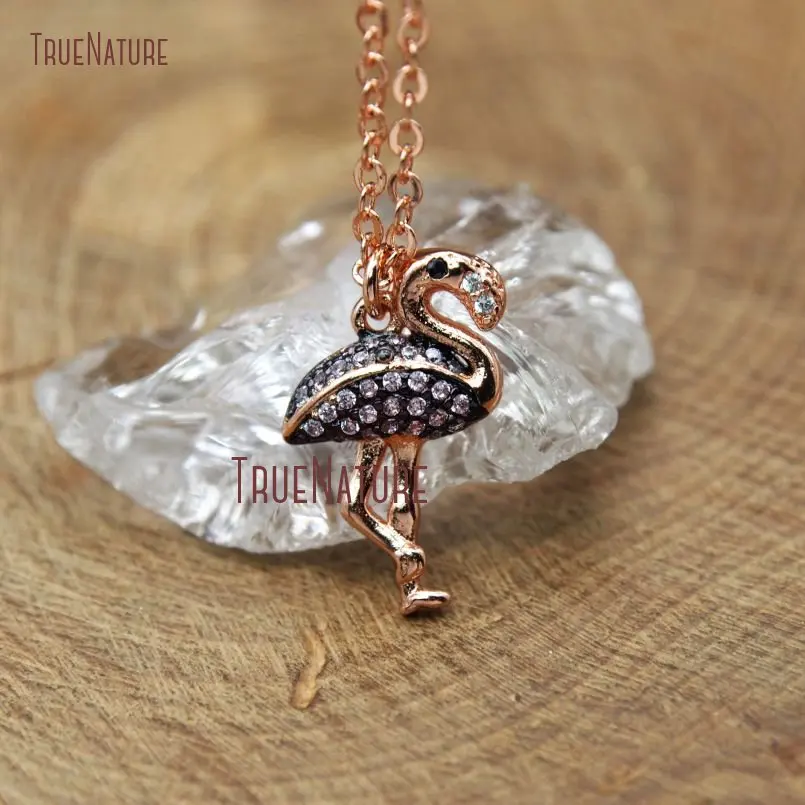 Micro Pave Pink Zircon Rose Gold Electroplating Elegant Flamingo Small Women Necklace Copper Chains In 18 Inch NM10392 | Украшения и