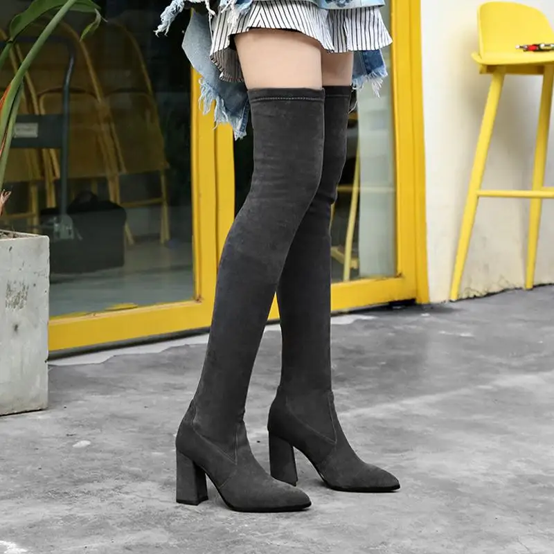 Dark gray heel MEMUNIA/ботфорты выше колена; женские ботфорты из искусственной замши; зимние эластичные сапоги; женские модные высокие сапоги; размер 42 - Цвет: Dark gray heel