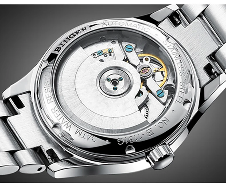Оригинальные Роскошные Брендовые мужские автоматические механические сапфировые часы Бингер, водонепроницаемые полностью стальные полые часы с календарем