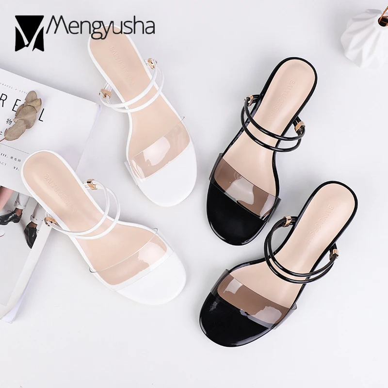 Роскошные черные/белые прозрачные женские сандалии с двойным узким ремешком