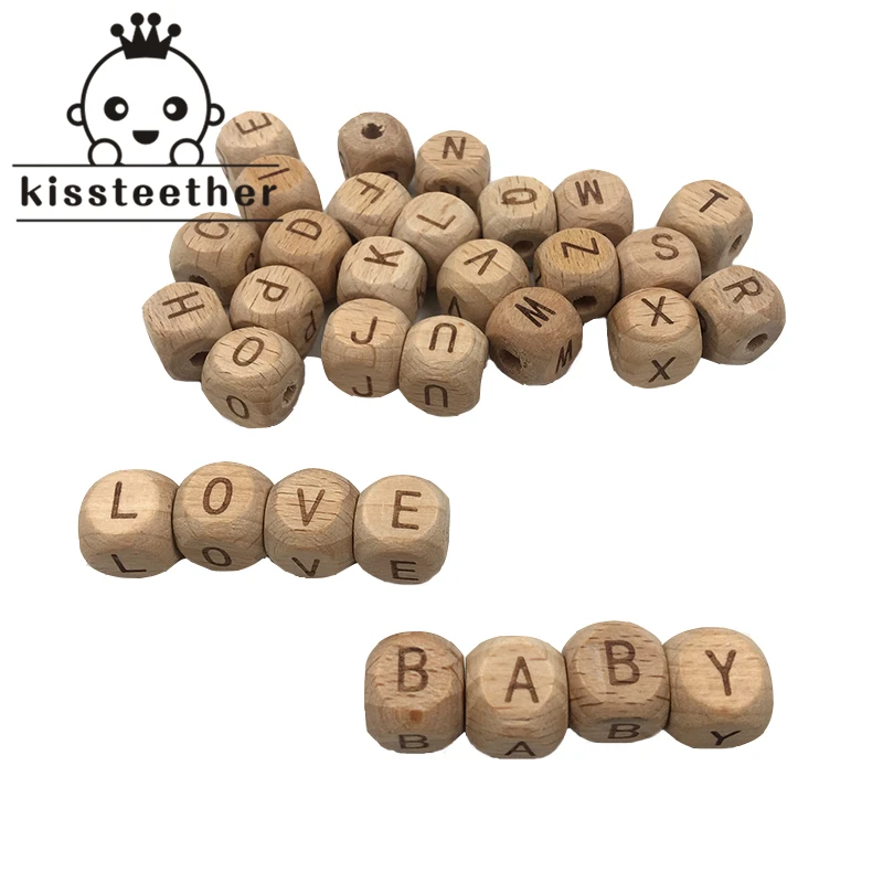 Accesorios de madera para dentici&oacute;n, cuentas de letras de madera de haya cuadradas de 12mm para dentici&oacute;n, joyer&iacute;a artesanal, cuentas del alfabeto, mordedor para beb&eacute;, 100 Uds.-3