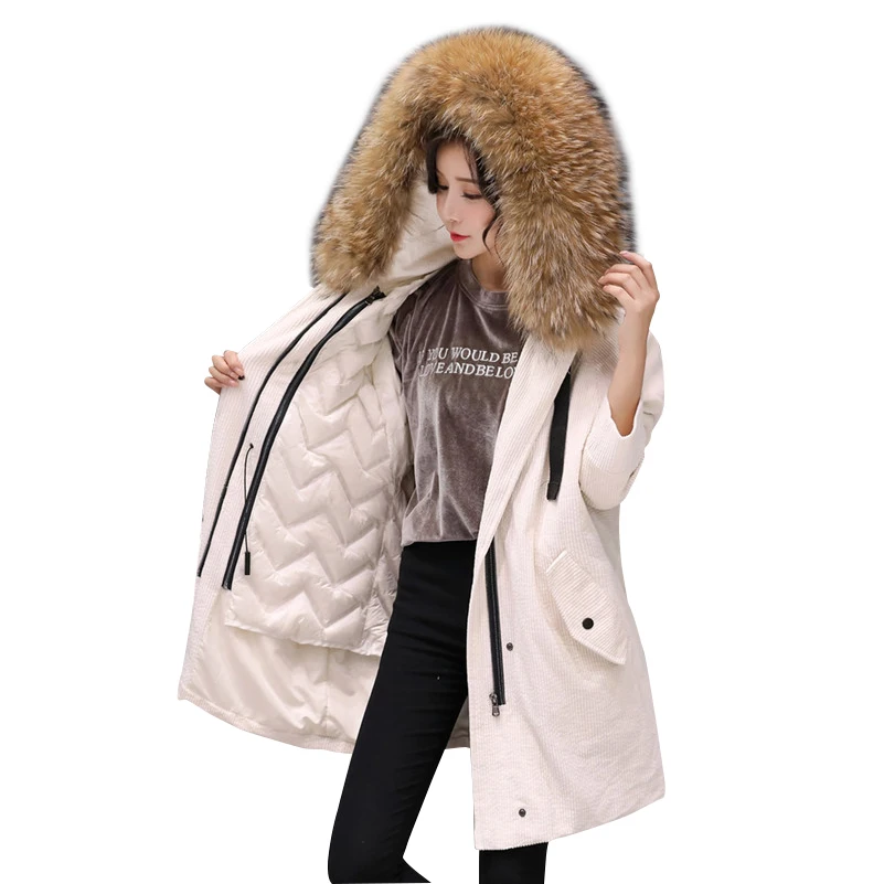 Женский вельветовый пуховик со съемной подкладкой пальто с большим воротником