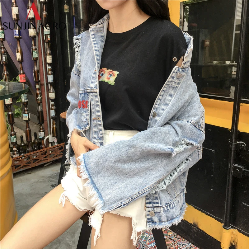 SUNJINACRO/Осенняя женская джинсовая куртка с вышитыми буквами BF свободное женское