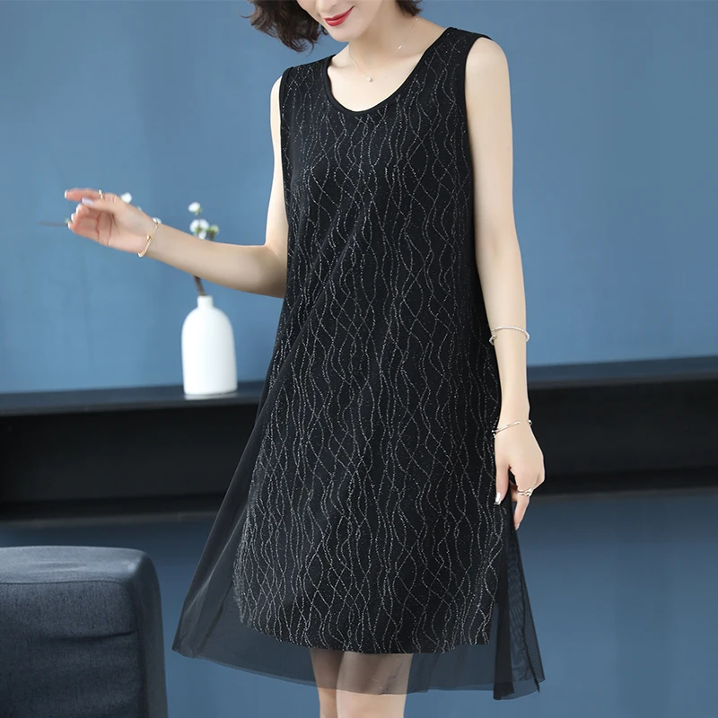 Летнее женское модное вязаное платье без рукавов элегантное Сетчатое бесплатная