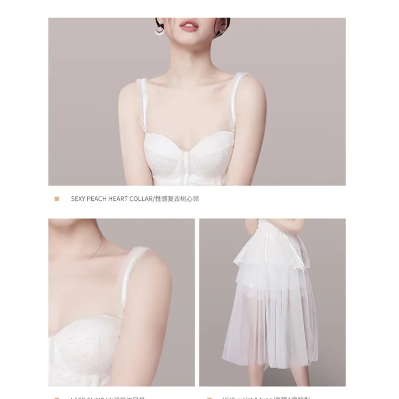 

Elegant Dress 2019 New Summer Vintage Spaghetti Strap Mesh Lace Banquet Women Fashion Sleeveless White Waist Vestidos Dress