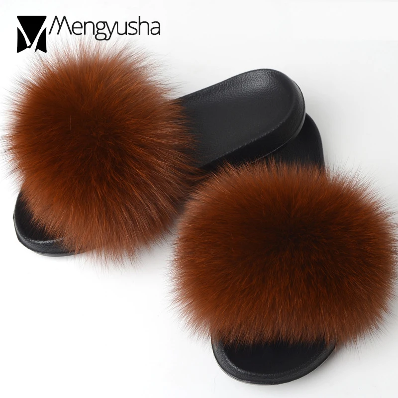 Шлепанцы женские из натурального меха сандалии лисьего шлепанцы тапки сланцы