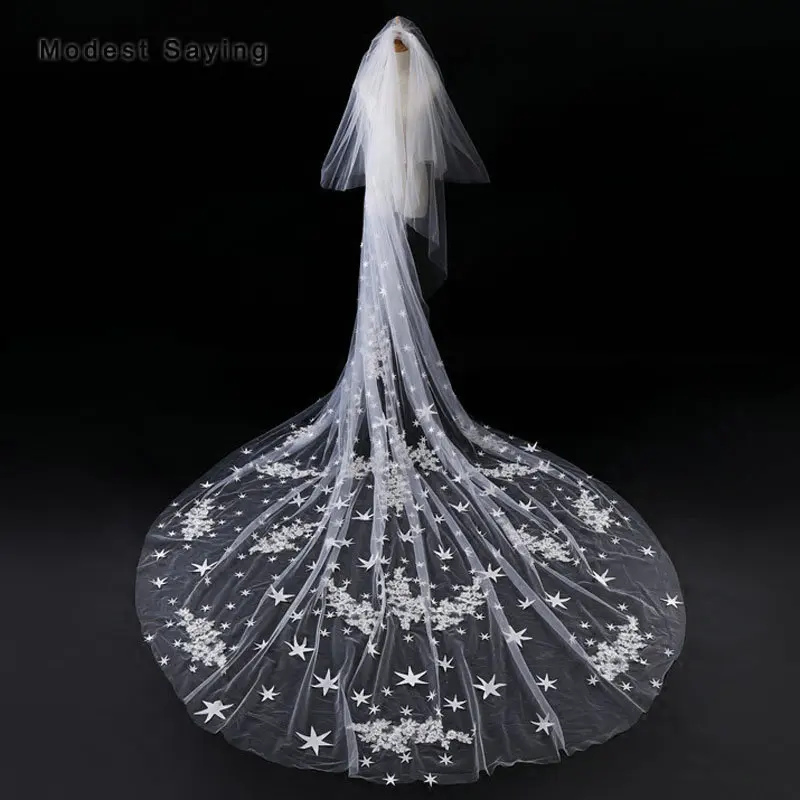 

Flowers and Stars Ivory 3.5M 2 Layers Lace Wedding Veils 2018 with Comb Church Cathedral Bridal Veils abiti da cerimonia da sera