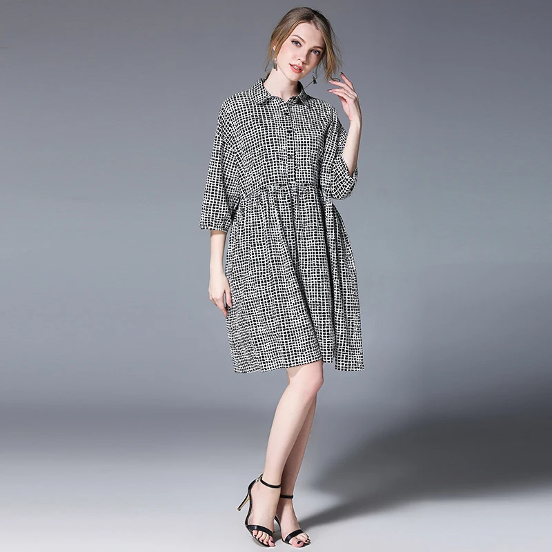 

plus size women clothing dresses Pure cotton loose plaid mini dress high waist square neck spring new Maternity dress oversize