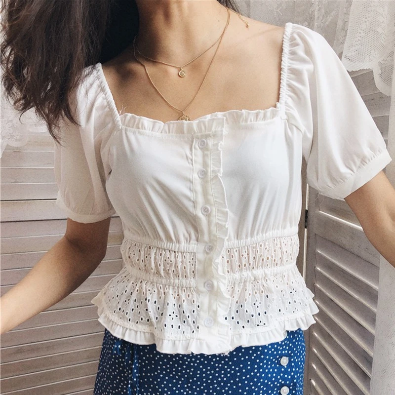 Летний топ с длинным рукавом белый женский короткий оборками и квадратным