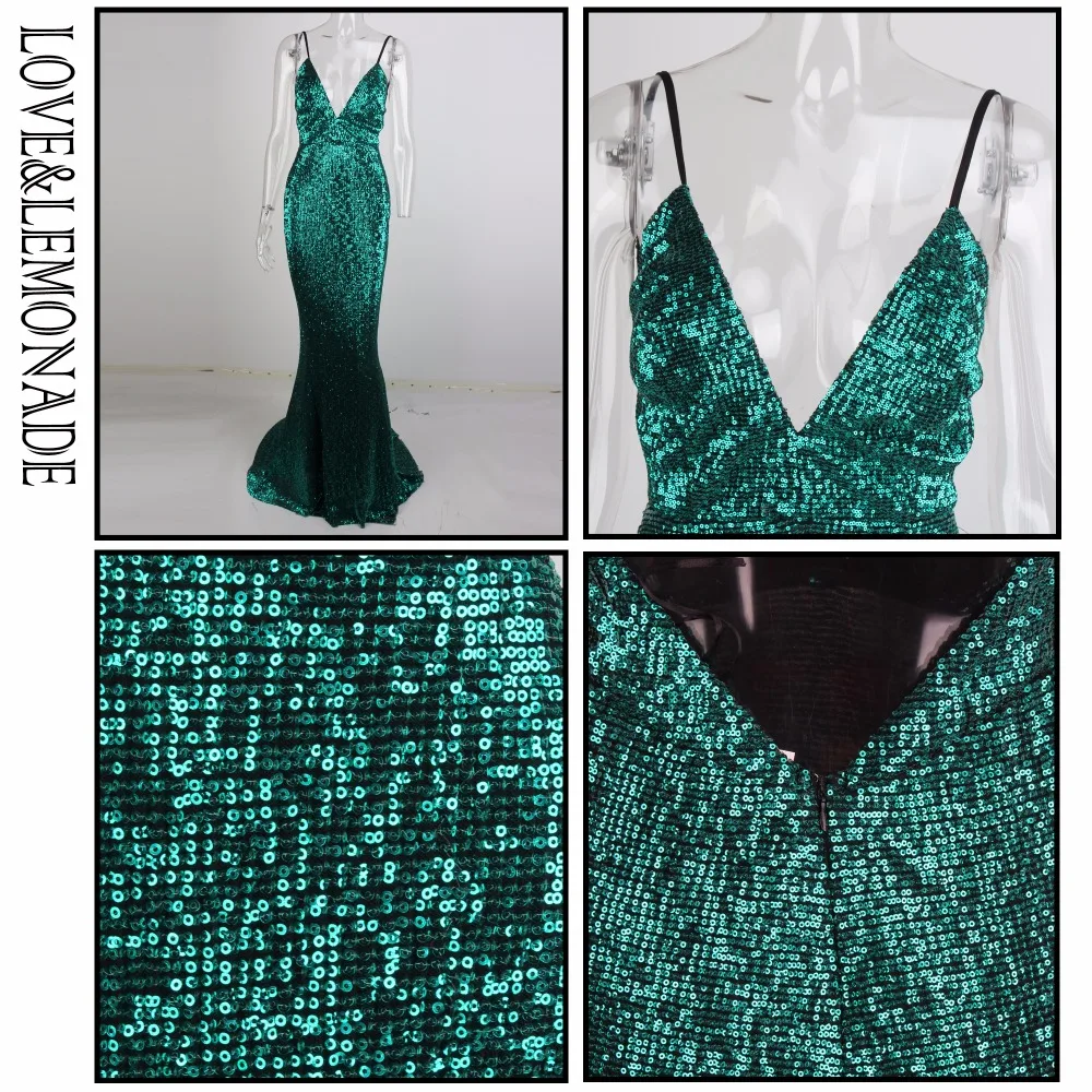 

LOVE & LEMONADE Green Elastic Sequin V Collar Exposed Back Long Dress LM80119