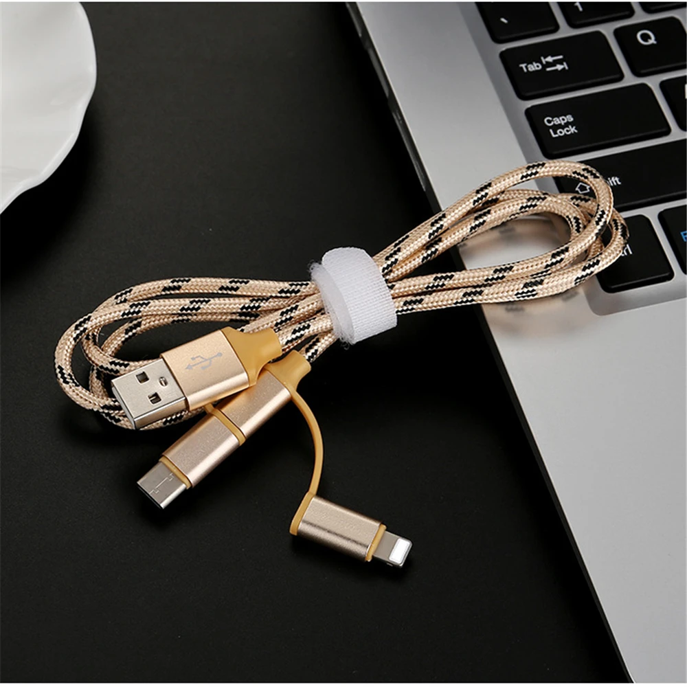 Дата кабель для телефона зарядный 100 см нейлоновый плетеный 3 в 1 Micro USB быстрое