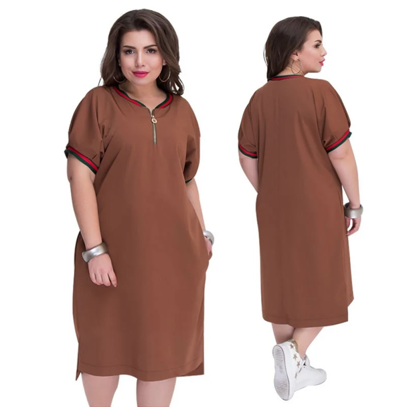 

Big Size Casual Loose Summer Dress Plus Size Dresses Women O-Neck With Zippers Vestidos