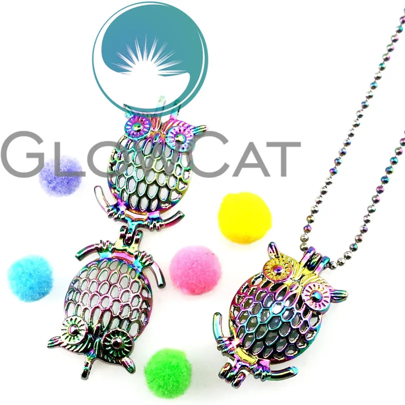 R-C17 Rainbow Colors Owl Beads Cage Pendant Essential Oil Diffuser Aromatherapy Pearl Locket Necklace | Украшения и аксессуары