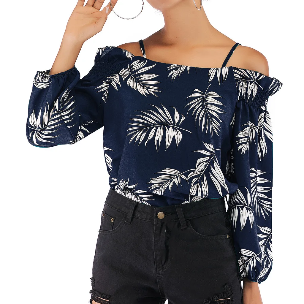 spring chiffon fashion women's slant collar word leaf print sling strapless shirt casual | Женская одежда