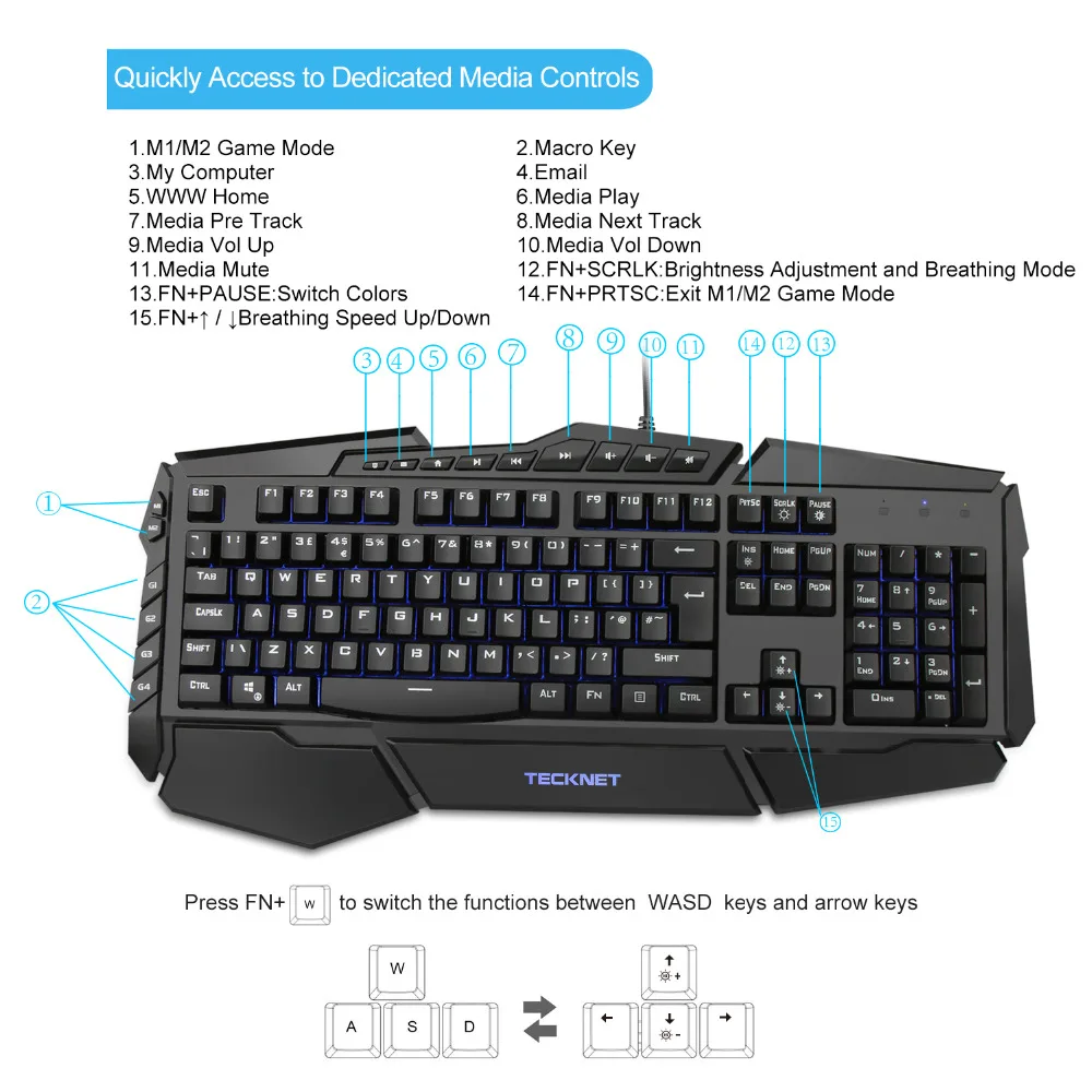 TeckNet программируемая игровая клавиатура 7 цветный светодиодный игровой